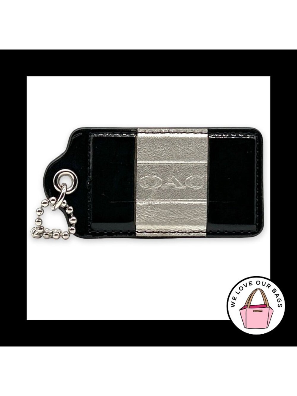 Huge 3.5" COACH STRIPE HANGTAG Black Patent Silver Leather Bag Charm Keychain